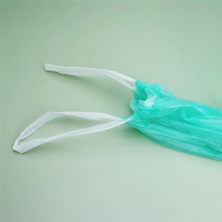 Rolled staggered and overlapping drawstring garbage bags